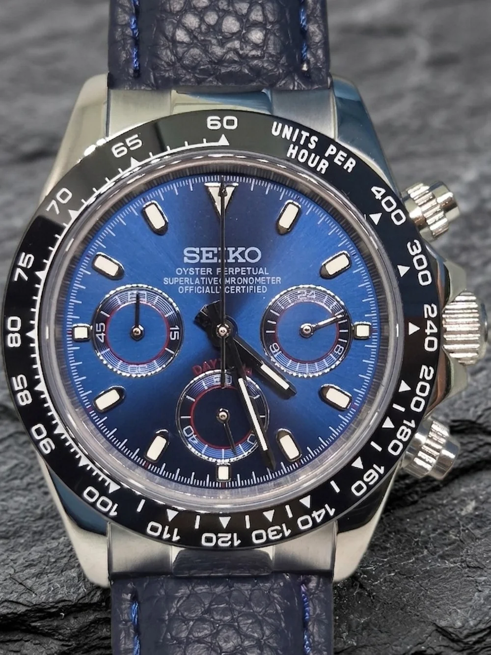 Custom 39mm Seiko Mod Watch VK63 Blue Dial Daytona